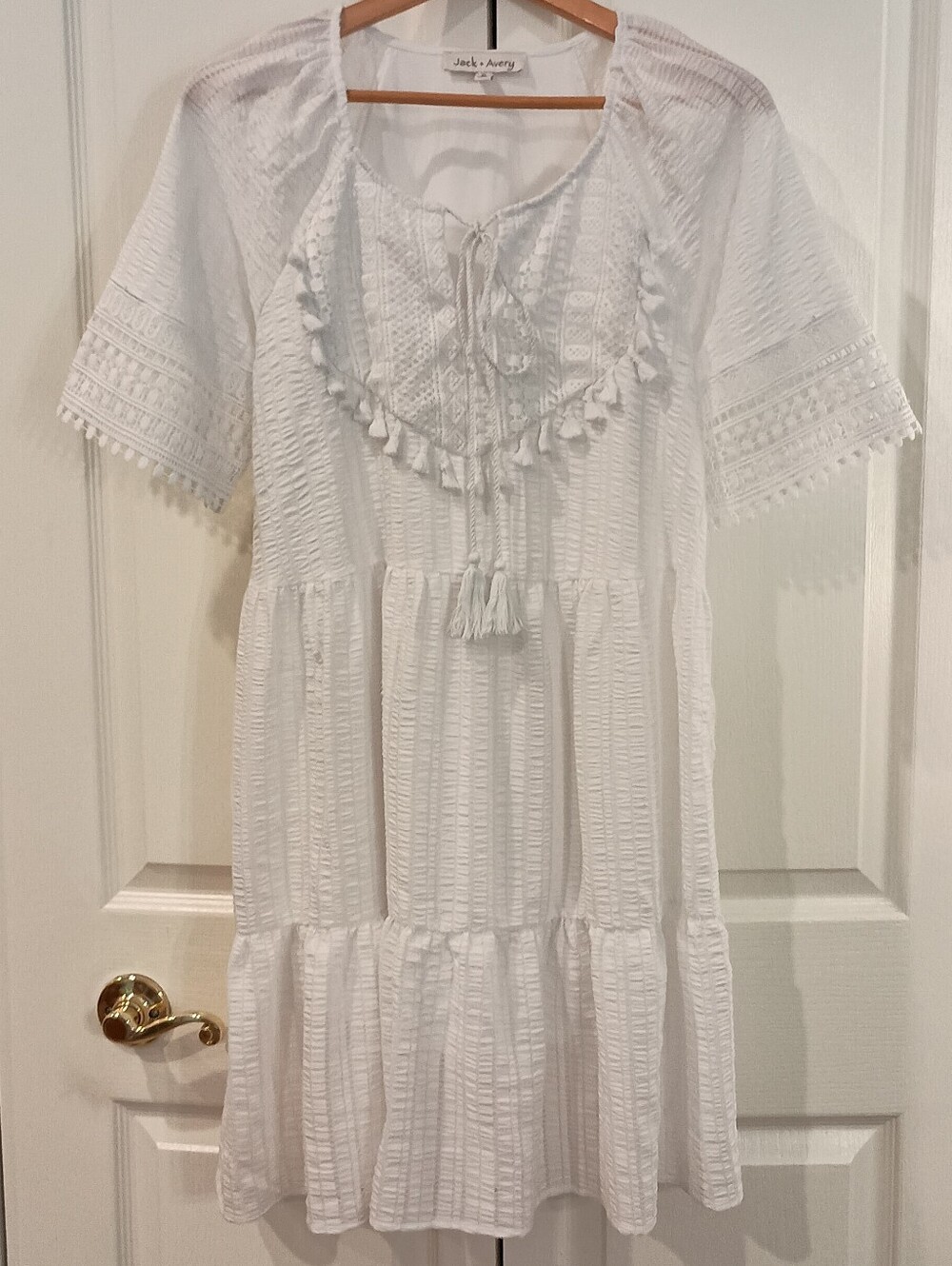 White Embroidered Midi Dress with Tassel Tie